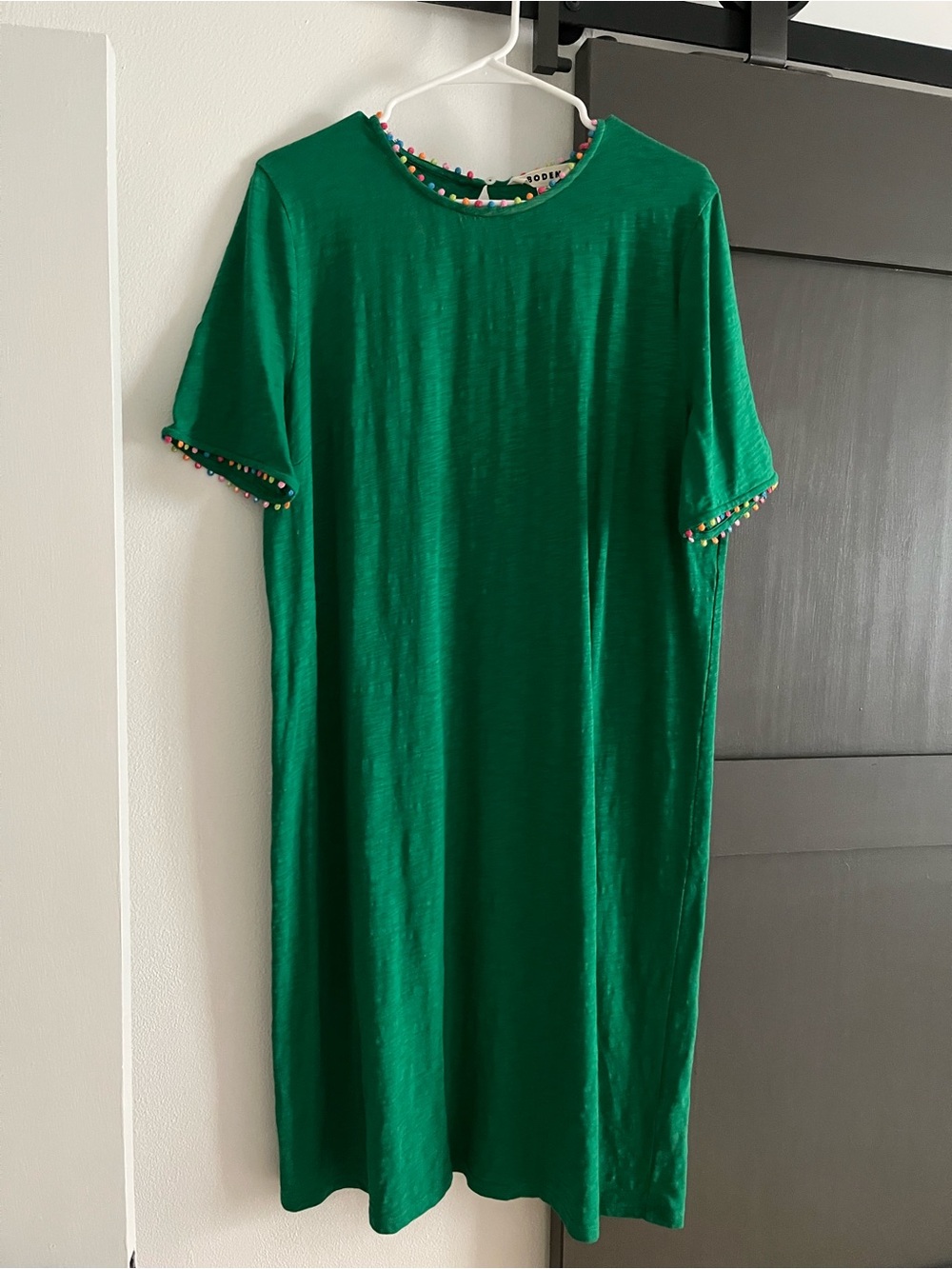 Boden Emerald Green Short-Sleeve Shift Dress with Multicolor Pom Trim